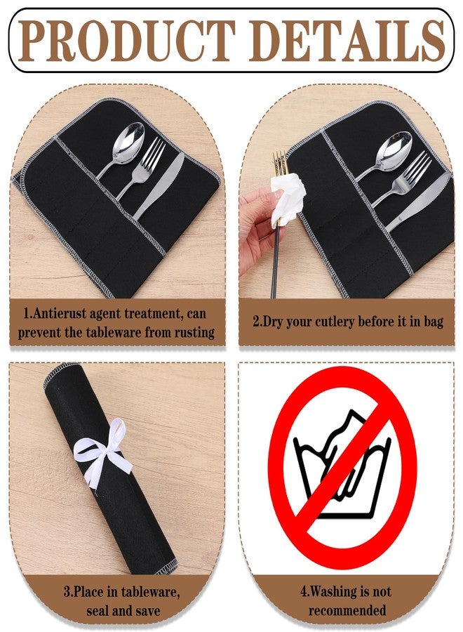 AojSup 8 Pcs Silver Storage Bags Anti Tarnish Silver Protector Bags Black Holder for Silverware Flatware Storage Organizer Cloth Place Setting Roll with White Ribbon for Teaspoon Utensils - Image 3